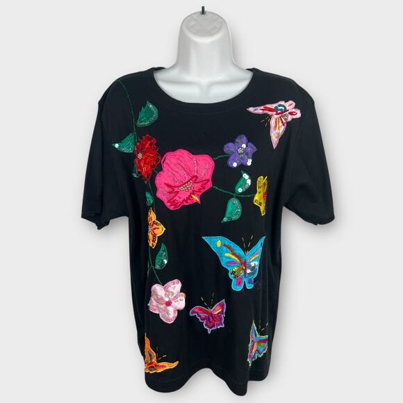 Victoria Harbour 90s Black Sweater Tee Embroidered Sequin Floral Butterflies LG - Picture 1 of 6